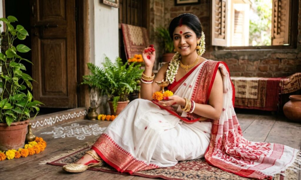 Caption for Bengali saree look